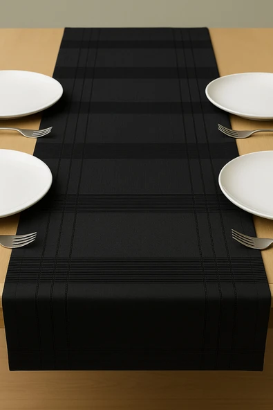 PAMUK'S DESİGN Jasmin Keten Siyah Bohem Şık Masa Örtüsü Runner 35x150 cm - Resim 5