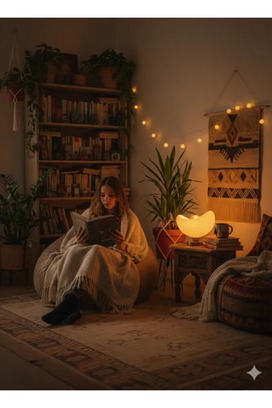 PAMUK'S DESİGN Ayışığı Tasarım Masa Lambası Altın Detaylı Abajur Loş Amber Işık, Rustik Ampul Hediyeli 20 x 37 cm ürün görseli