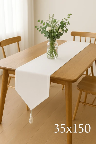 PAMUK'S DESİGN Lüks Runner Masa Örtüsü Rustik Şık Püsküllü Dekoratif Masa Örtüsü 35x150 cm - Resim 4