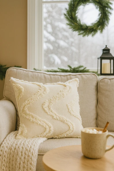 Tüylü Ve Desenli Kırlent Kılıfı - 45x45 Cm Şık Ve Konforlu Dekoratif Yastık - Resim 2