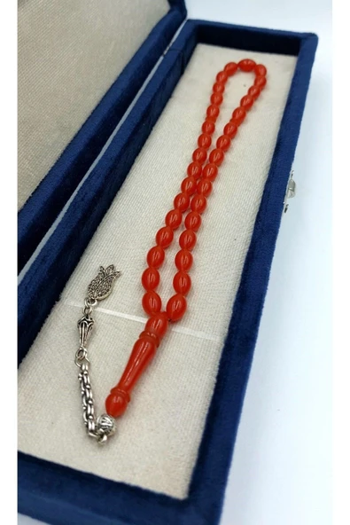 Turuncu Arpa Kesim Alpaka Püskül Kehribar Tespih (AHŞAP KUTULU) - Resim 3