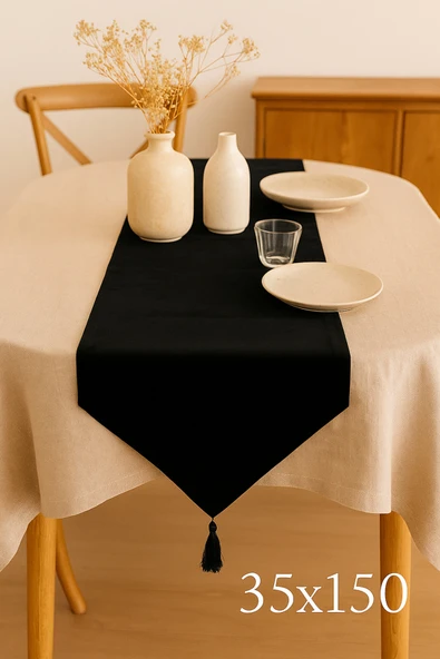 PAMUK'S DESİGN Lüks Runner Masa Örtüsü Rustik Şık Püsküllü Dekoratif Masa Örtüsü 35x150 cm - Resim 4