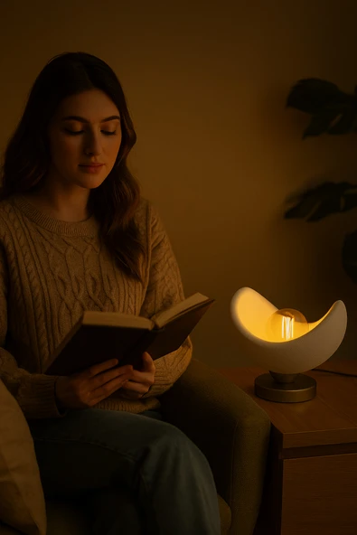 PAMUK'S DESİGN Luna Tasarım Masa Lambası Altın Detaylı Abajur Loş Amber Işık, Rustik Ampul Hediyeli 20 x 37 cm - Resim 5