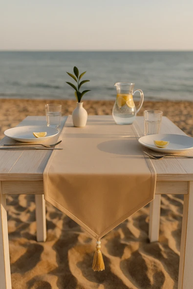 PAMUK'S DESİGN Lüks Runner Masa Örtüsü Rustik Şık Püsküllü Dekoratif Masa Örtüsü 35x150 cm - Resim 3