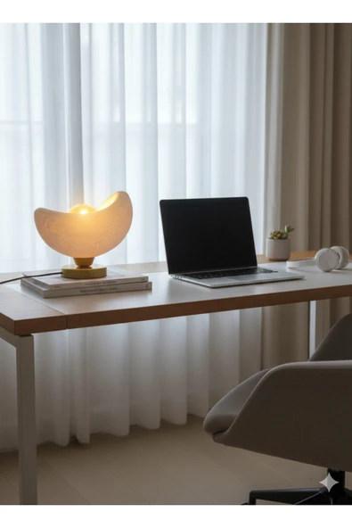 PAMUK'S DESİGN Ayışığı Tasarım Masa Lambası Altın Detaylı Abajur Loş Amber Işık, Rustik Ampul Hediyeli 20 x 37 cm - Resim 2