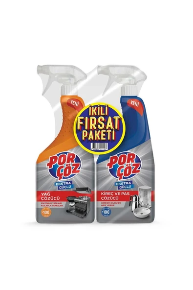 Porçöz İkili Fırsat Paketi Yağ Çözücü Sprey 750 ml + Kireç Ve Pas Çözücü Sprey 750 ml ürün görseli