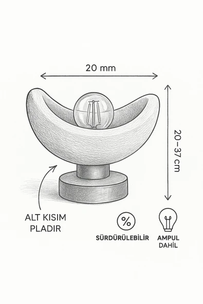 PAMUK'S DESİGN Luna Tasarım Masa Lambası Gri Bronz Detaylı Abajur Loş Amber Işık, Rustik Ampul Hediyeli 20 x 37 cm - Resim 4
