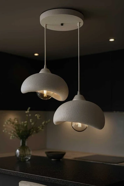 PAMUK'S DESİGN Natural Beton Görünüm 2 Li Sarkıt Avize Bohem Modern Rustik (Rustik Ampul Hediyedir.) - Resim 2