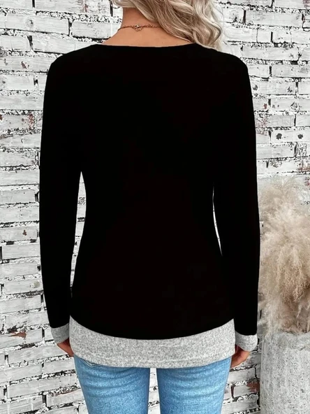 MDB Kadın Uzun Kollu Yuvarlak Yaka Blok Renkli Yandan Düğmeli Viskon Bluz - Resim 2