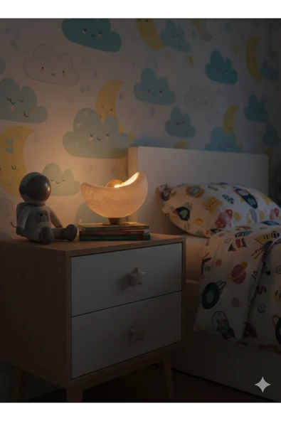 PAMUK'S DESİGN Luna Tasarım Masa Lambası Altın Detaylı Abajur Loş Amber Işık, Rustik Ampul Hediyeli 20 x 37 cm - Resim 4