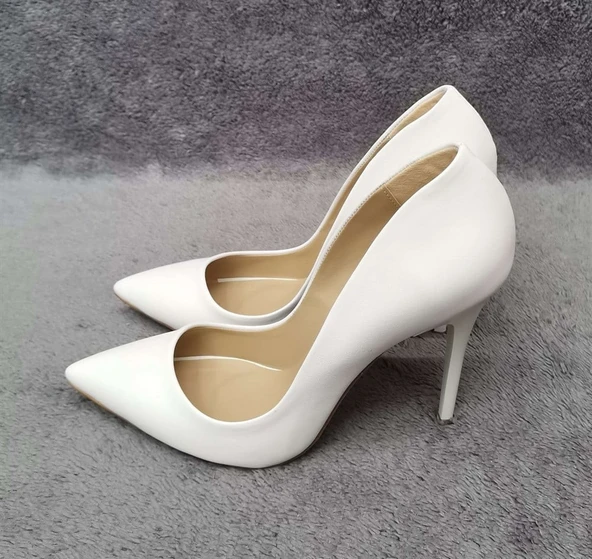 Sandy Beyaz Deri Sivri Burun Kadın Stiletto - Resim 4