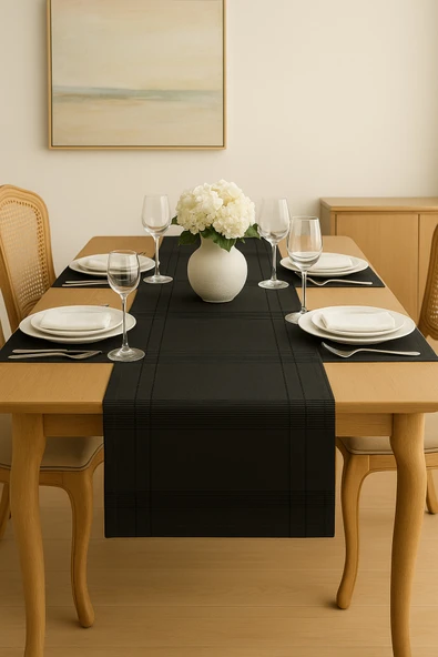 PAMUK'S DESİGN Jasmin Keten Siyah Bohem Şık Masa Örtüsü Runner 35x150 cm - Resim 6