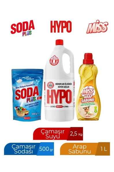 Hypo SODA PLUS 500 GR + HYPO ÇAMAŞIR SUYU 2,5 KG + MİSS ARAP SABUNU 1000 ML ürün görseli