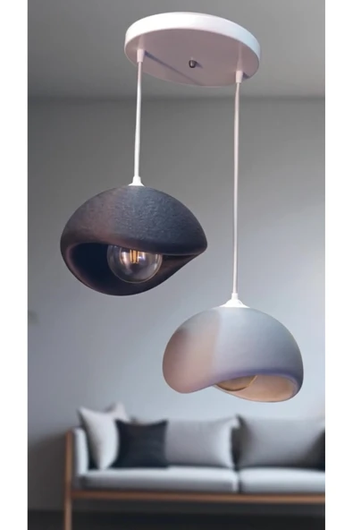 PAMUK'S DESİGN Siyah ve Gri Dekoratif 2 Li Sarkıt Avize Bohem Beton Görünüm Rustik E27 Modern Avize (Ampul Hediye) - Resim 2