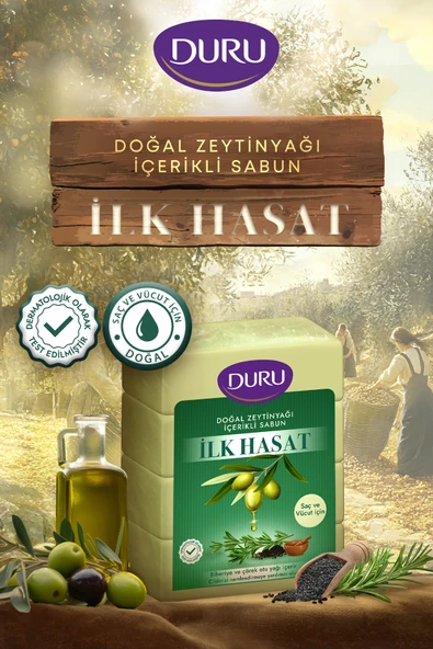 Duru İlk Hasat Doğal Zeytinyağı İçerikli Saç ve Vücut Sabunu 16 Adet Sabun 4x150 GR - Resim 4