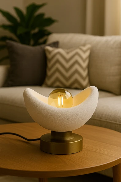 PAMUK'S DESİGN Luna Tasarım Masa Lambası Altın Detaylı Abajur Loş Amber Işık, Rustik Ampul Hediyeli 20 x 37 cm - Resim 3