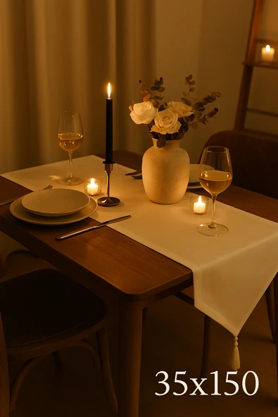 PAMUK'S DESİGN Lüks Runner Masa Örtüsü Rustik Şık Püsküllü Dekoratif Masa Örtüsü 35x150 cm - Resim 3