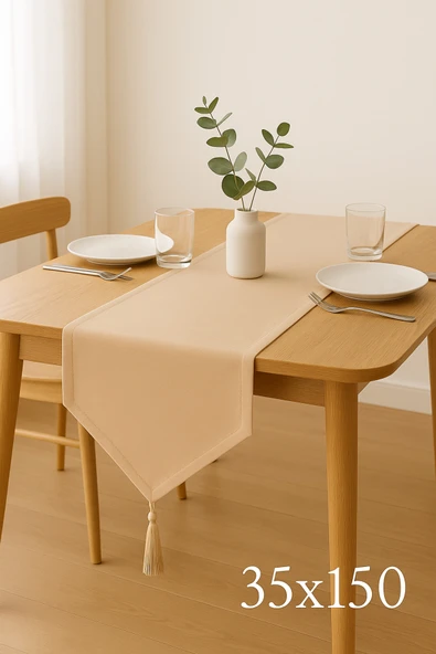 PAMUK'S DESİGN Lüks Runner Masa Örtüsü Rustik Şık Püsküllü Dekoratif Masa Örtüsü 35x150 cm - Resim 2