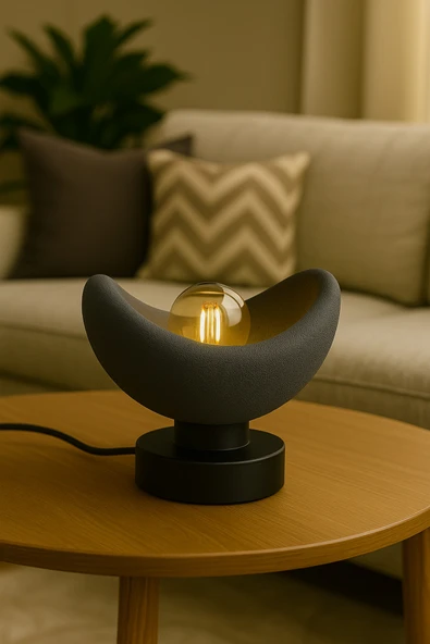 PAMUK'S DESİGN Luna Tasarım Masa Lambası Gri Bronz Detaylı Abajur Loş Amber Işık, Rustik Ampul Hediyeli 20 x 37 cm ürün görseli