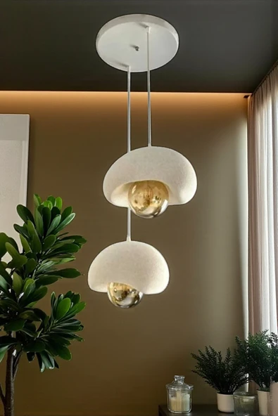 PAMUK'S DESİGN Beyaz Dekoratif 2'Li Sarkıt Avize Bohem Beton Görünüm Rustik E27 Modern Avize (E27 Ampul Dahildir.) - Resim 2