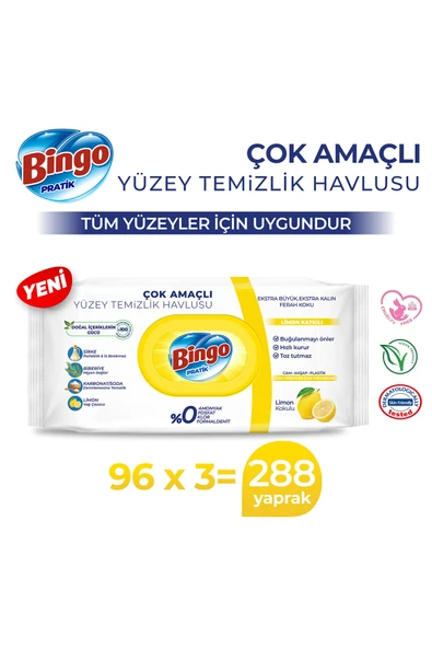 Bingo Pratik Yüzey Temizlik Havlusu Limon Kokulu 96x3 (288 Yaprak) - Resim 2