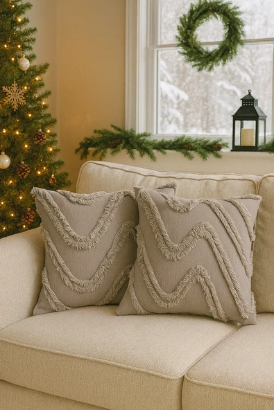 Tüylü Ve Desenli Kırlent Kılıfı - 45x45 Cm Şık Ve Konforlu Dekoratif Yastık - Resim 3