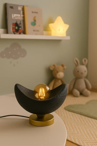 PAMUK'S DESİGN Ayışığı Tasarım Masa Lambası Altın Detaylı Abajur Loş Amber Işık, Rustik Ampul Hediyeli 20 x 37 cm ürün görseli