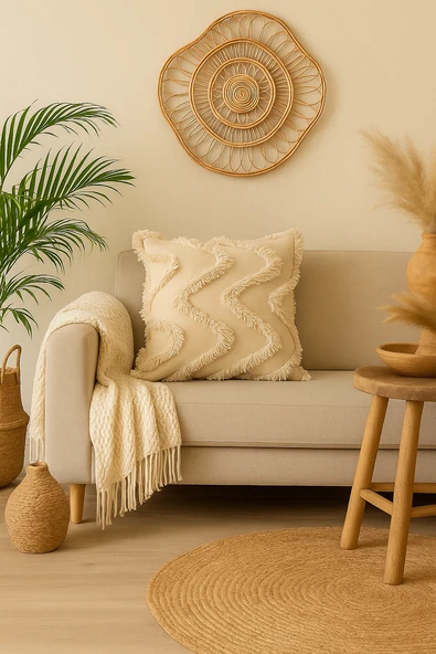 Tüylü ve Desenli Kırlent - 45x45 cm Şık ve Konforlu Dekoratif Yastık - Resim 3