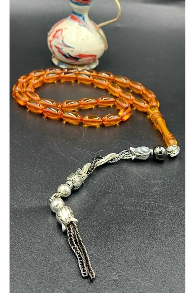 Turuncu Şeffaf Alpaka Püskül Ateş Kehribar Tespih (AHŞAP KUTULU) - Resim 3