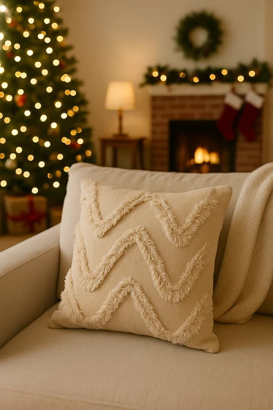 Tüylü ve Desenli Kırlent - 40x40 cm Şık ve Konforlu Dekoratif Yastık ürün görseli 1