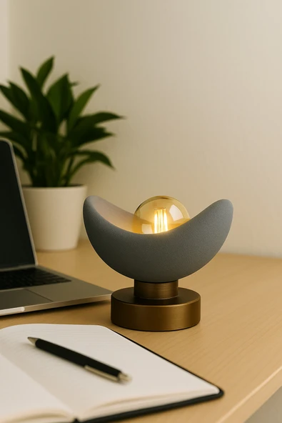 PAMUK'S DESİGN Luna Tasarım Masa Lambası Gri Bronz Detaylı Abajur Loş Amber Işık, Rustik Ampul Hediyeli 20 x 37 cm ürün görseli