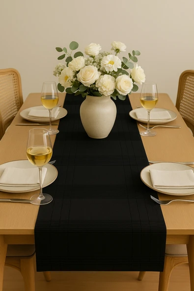 PAMUK'S DESİGN Jasmin Keten Siyah Bohem Şık Masa Örtüsü Runner 35x150 cm - Resim 3