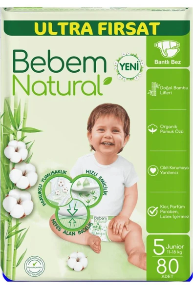 Bebem Natural Bebek Bezi Ultra Fırsat Paketi Junior 5 No 80 li 137363 ürün görseli