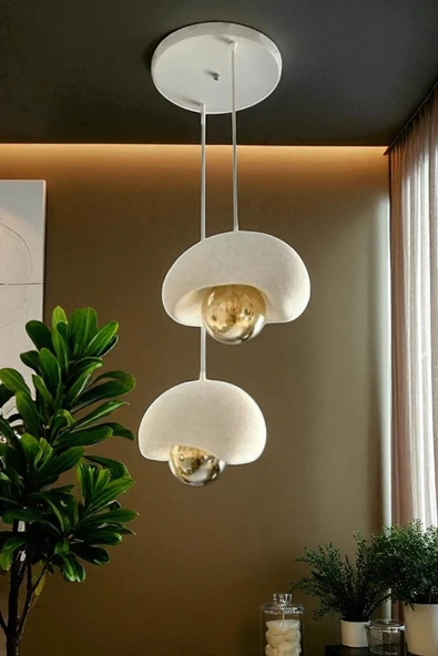 PAMUK'S DESİGN Beyaz Dekoratif 2'Li Sarkıt Avize Bohem Beton Görünüm Rustik E27 Modern Avize (E27 Ampul Dahildir.) - Resim 5