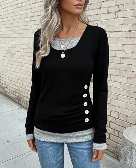 MDB Kadın Uzun Kollu Yuvarlak Yaka Blok Renkli Yandan Düğmeli Viskon Bluz ürün görseli 1