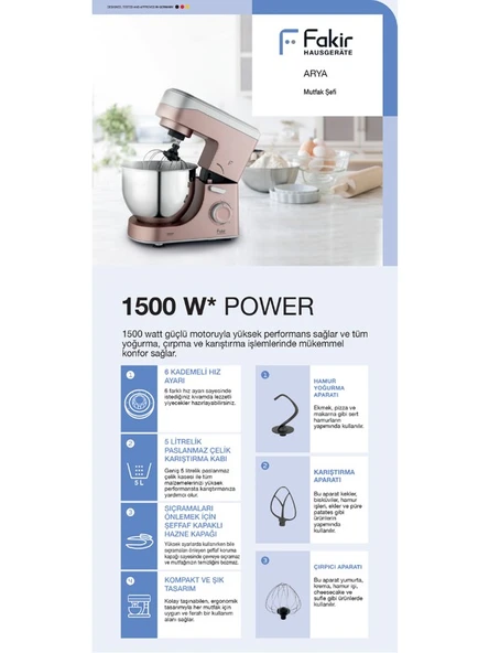 FAKİR Arya Cream 1500 W 5 lt Hamur Yoğurma Makinesi (Stadlı Mikser) - Resim 6