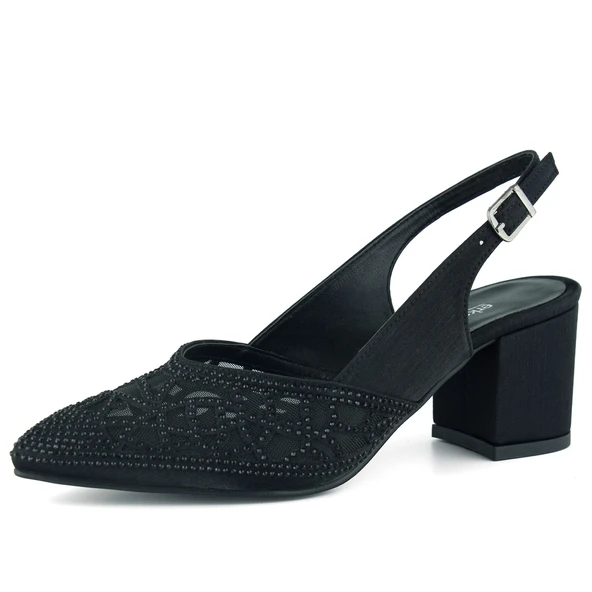 Erkan Saçmacı Estelle Siyah Saten Taşlı Fileli Sivri Burun Kalın Topuklu Arkası Açık Abiye Ayakkabı ürün görseli