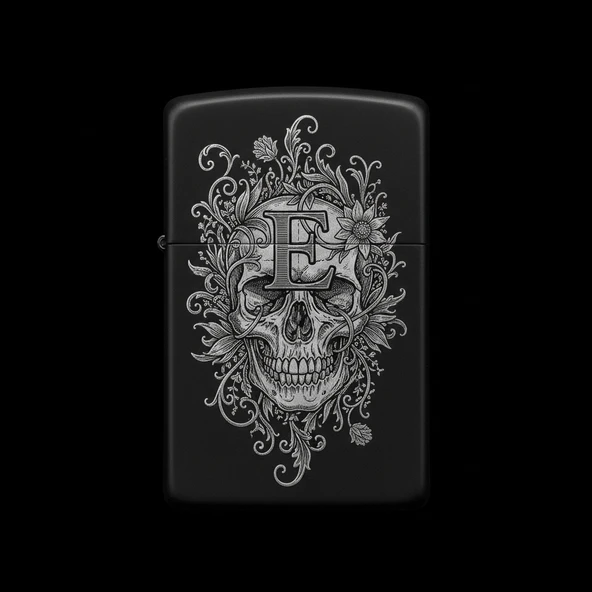 Benzinli Çakmak Kuru Kafa Figürlü E Harfli Tasarım - V64 ürün görseli 1