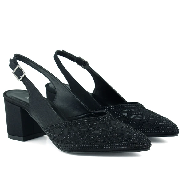 Erkan Saçmacı Estelle Siyah Saten Taşlı Fileli Sivri Burun Kalın Topuklu Arkası Açık Abiye Ayakkabı - Resim 3