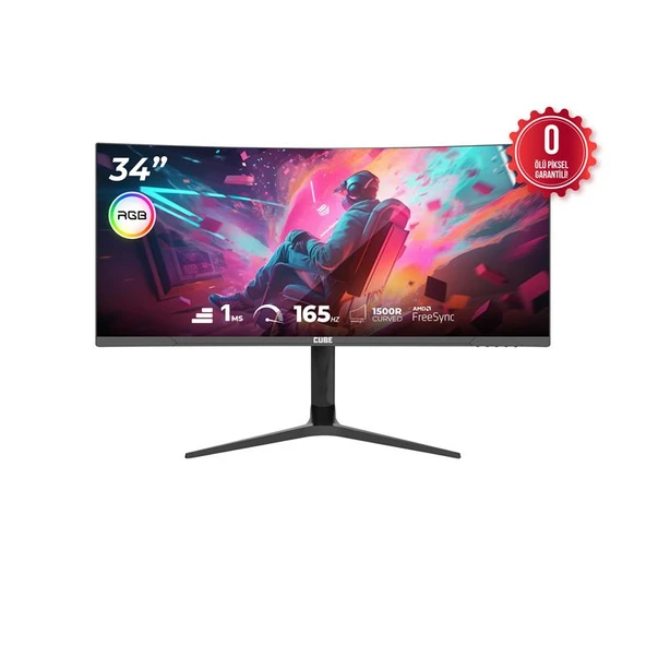 34 CUBE PA-34V165C VA 1MS 165HZ HDMI DP TYPE-C USB 2K WQHD 3440X1440 FREESYNC CURVED YUKSEKLIK AYARI VESA RGB SIYAH GAMI ürün görseli