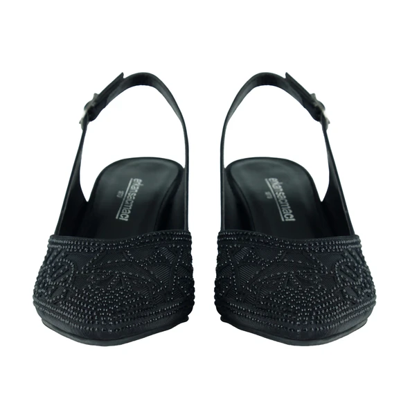 Erkan Saçmacı Estelle Siyah Saten Taşlı Fileli Sivri Burun Kalın Topuklu Arkası Açık Abiye Ayakkabı - Resim 4