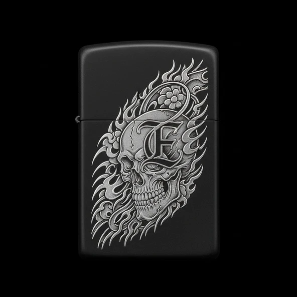 Benzinli Çakmak Kuru Kafa Figürlü E Harfli Tasarım - V77 ürün görseli