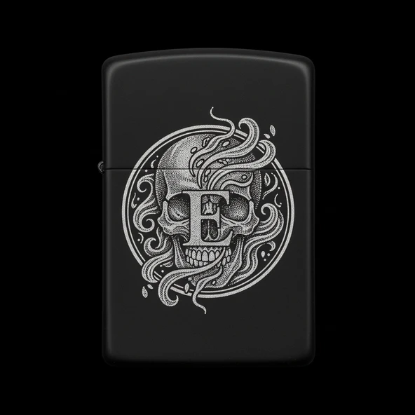 Benzinli Çakmak Kuru Kafa Figürlü E Harfli Tasarım - V41 ürün görseli