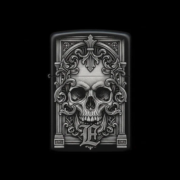 Benzinli Çakmak Kuru Kafa Figürlü E Harfli Tasarım - V75 ürün görseli