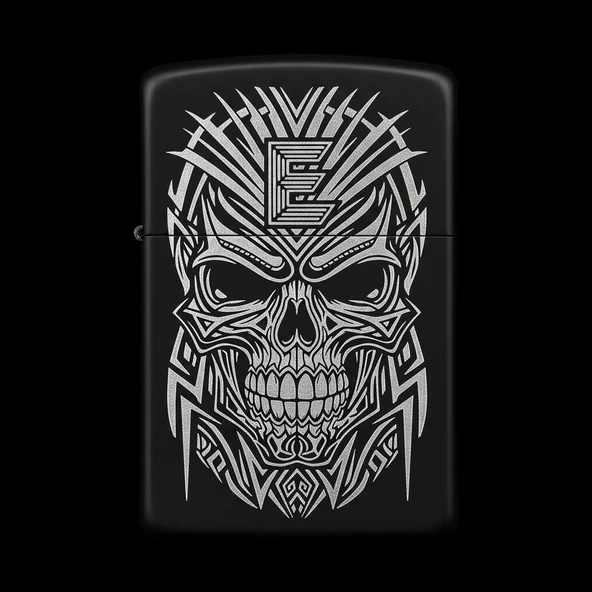 Benzinli Çakmak Kuru Kafa Figürlü E Harfli Tasarım - V54 ürün görseli 1