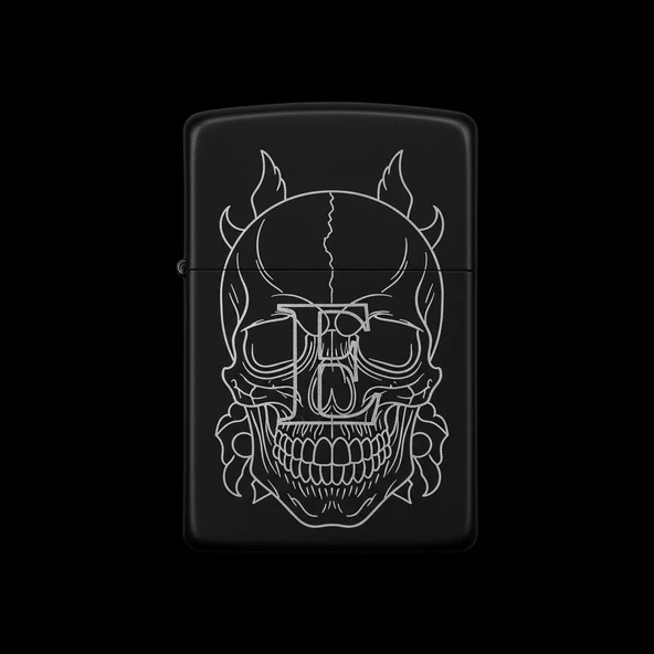 Benzinli Çakmak Kuru Kafa Figürlü E Harfli Tasarım - V90 ürün görseli