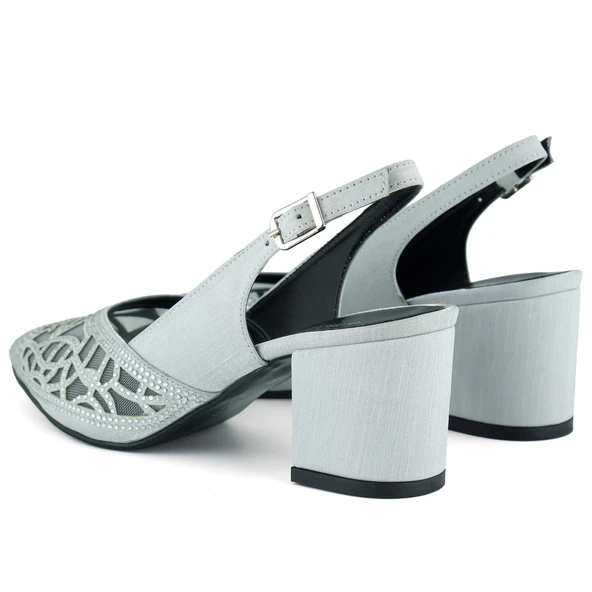 Erkan Saçmacı Estelle Gümüş Saten Taşlı Fileli Sivri Burun Kalın Topuklu Arkası Açık Abiye Ayakkabı - Resim 5