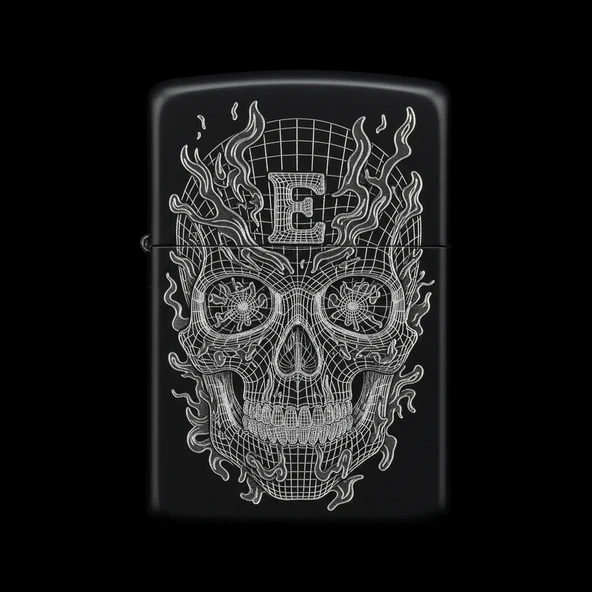 Benzinli Çakmak Kuru Kafa Figürlü E Harfli Tasarım - V30 ürün görseli 1