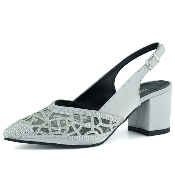 Erkan Saçmacı Estelle Gümüş Saten Taşlı Fileli Sivri Burun Kalın Topuklu Arkası Açık Abiye Ayakkabı ürün görseli