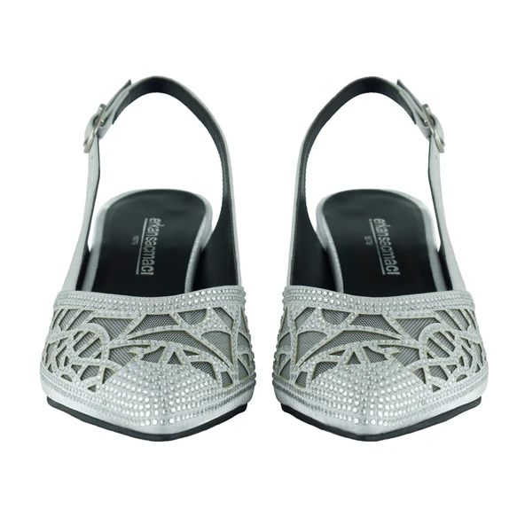 Erkan Saçmacı Estelle Gümüş Saten Taşlı Fileli Sivri Burun Kalın Topuklu Arkası Açık Abiye Ayakkabı - Resim 4